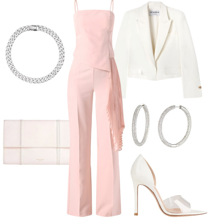 Outfit donna - Delicatezze primaverili. Stile Chic per Cerimonia. Abbinamento con décolleté, borse a mano, tute, orecchini, braccialetti, blazer.