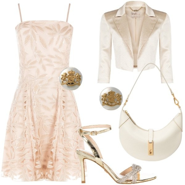 Outfit donna - Look romantico da cerimonia. Stile Romantica per Cerimonia. Abbinamento con bolero, vestiti corti, sandali col tacco, borse a spalla, orecchini.