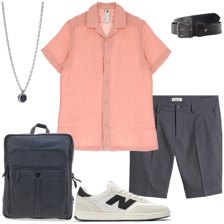 Outfit uomo - Weekend di relax. Stile Casual per Mare. Abbinamento con bermuda, collane, sneakers, camicie a manica corta, cinture, borse sportive.