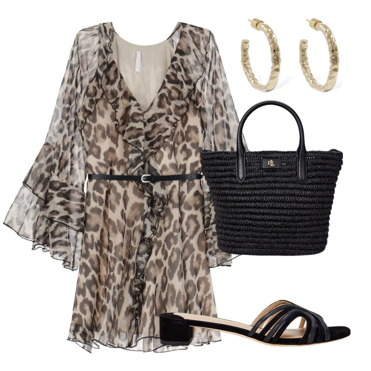 Outfit donna - Semplice animalier con stile. Stile Chic per Mare. Abbinamento con vestiti corti, borse tote, sandali in pelle, orecchini.