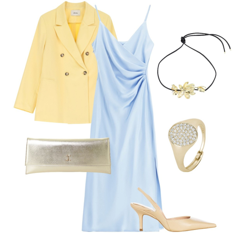 Outfit donna - Tinte pastello in primavera. Stile Bon Ton per Cerimonia. Abbinamento con anelli, décolleté, vestiti midi/longuette, pochette, blazer, collane.