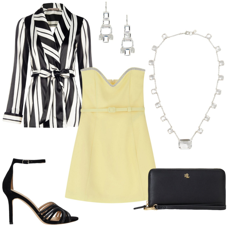 Outfit donna - Il miniabito senza spalline. Stile Chic per Serata fuori. Abbinamento con blazer, vestiti corti, pochette, collane, orecchini, sandali in pelle.