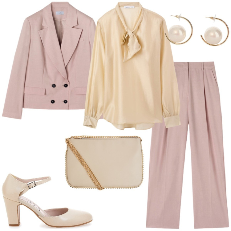 Outfit donna - Total look #2120367. Stile Chic per Cerimonia. Abbinamento con borse a tracolla, bluse, orecchini, décolleté, pantaloni a palazzo, blazer.