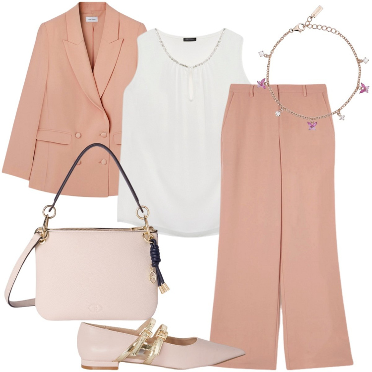 Outfit donna - Il tailleur per la comunione. Stile Bon Ton per Cerimonia. Abbinamento con braccialetti, top, pantaloni a palazzo, blazer, ballerine, borse a tracolla.