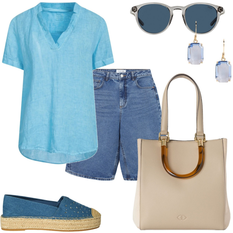 Outfit donna - Bermuda anche per la città. Stile Casual per Tutti i giorni. Abbinamento con top, espadrillas, bermuda, occhiali da sole, orecchini, shopping bag.