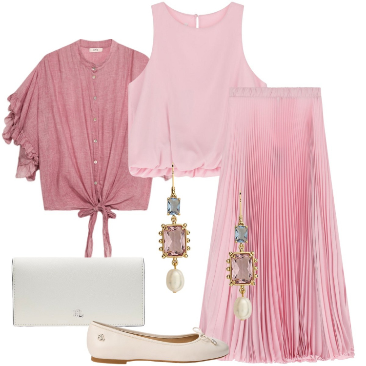 Outfit donna - Tonalità di rosa a maggio - @marystyle. Stile Romantica per Cerimonia. Abbinamento con gonne lunghe, top, ballerine, portafogli, orecchini, camicie a manica corta.