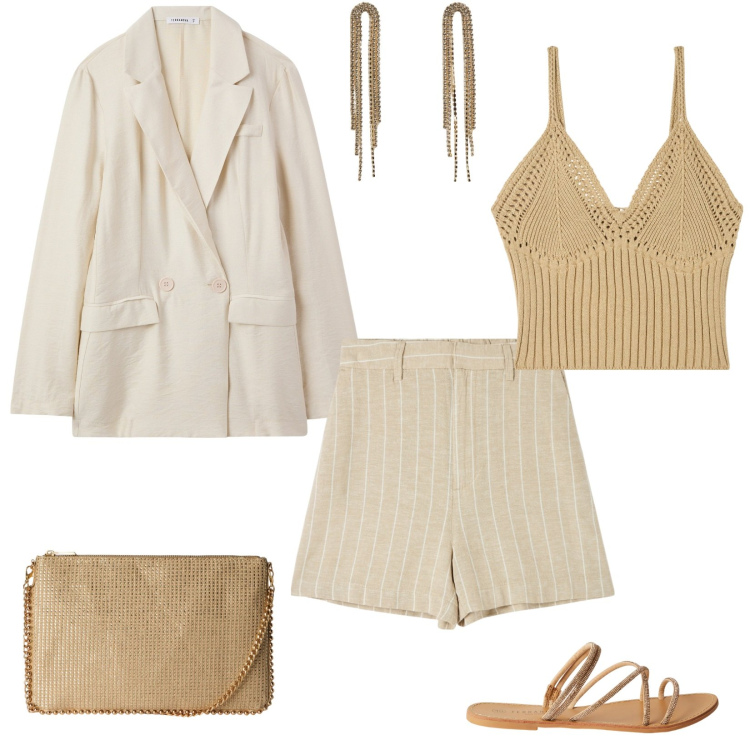 Outfit donna - Vacanze italiane. Stile Casual chic per Tutti i giorni. Abbinamento con bermuda, borse a tracolla, blazer, top, orecchini, sandali.