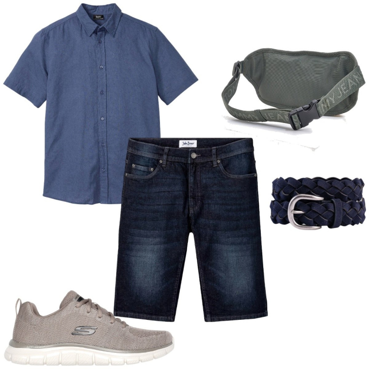 Outfit uomo - Weekend fuori porta. Stile Casual per Tutti i giorni. Abbinamento con camicie a manica corta, bermuda, cinture, sneakers, borse sportive.