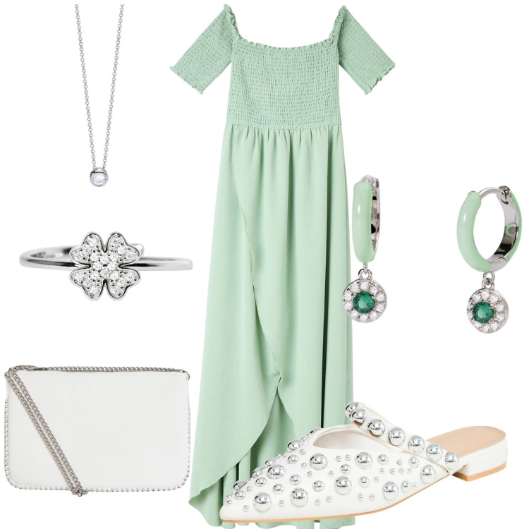 Outfit donna - Terranova vacanze italiane. Stile Casual per Tutti i giorni. Abbinamento con vestiti lunghi, ballerine, borse a tracolla, orecchini, anelli, collane.