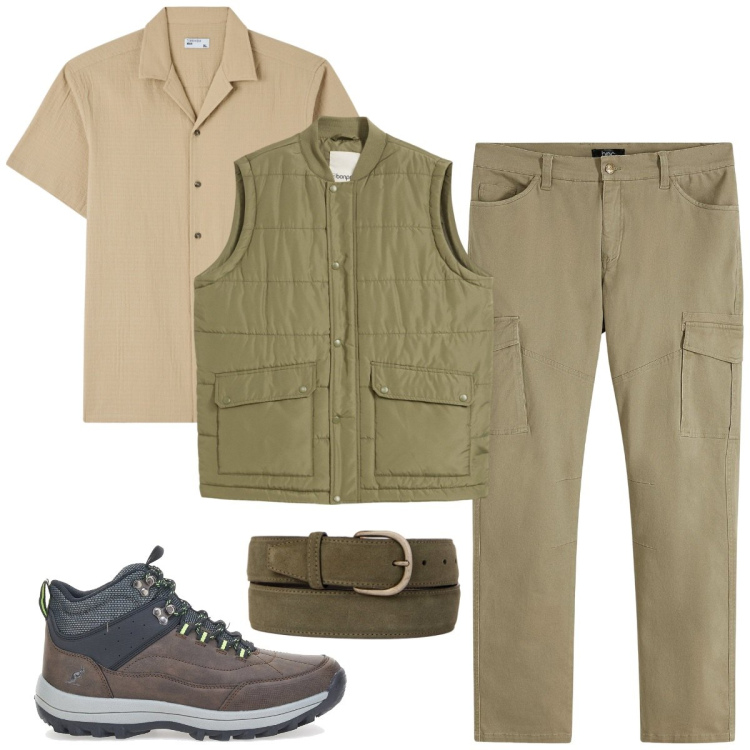 Outfit uomo - Safari urbano. Stile Urban per Tutti i giorni. Abbinamento con pantaloni cargo, gilet, camicie a manica corta, cinture, stivali e stivaletti.