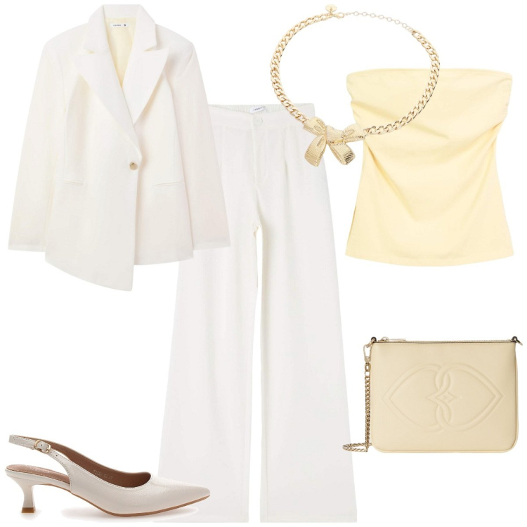 Outfit donna - L\'eleganza del tailleur. Stile Chic per Cerimonia. Abbinamento con pantaloni, blazer, top, collane, décolleté, pochette.
