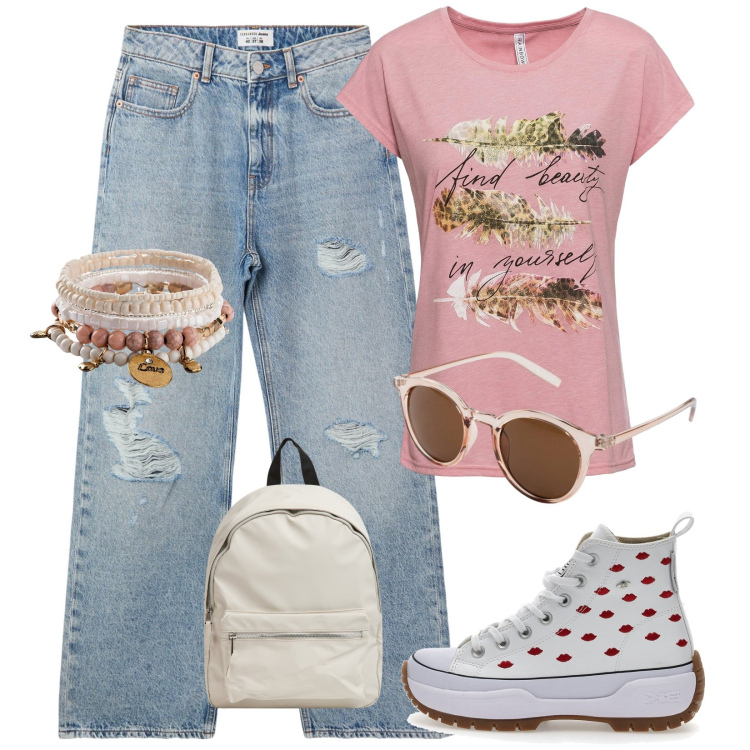 Outfit donna - Total look #2120430. Abbinamento con braccialetti, occhiali da sole, t-shirt, jeans strappati, zaini, sneakers.