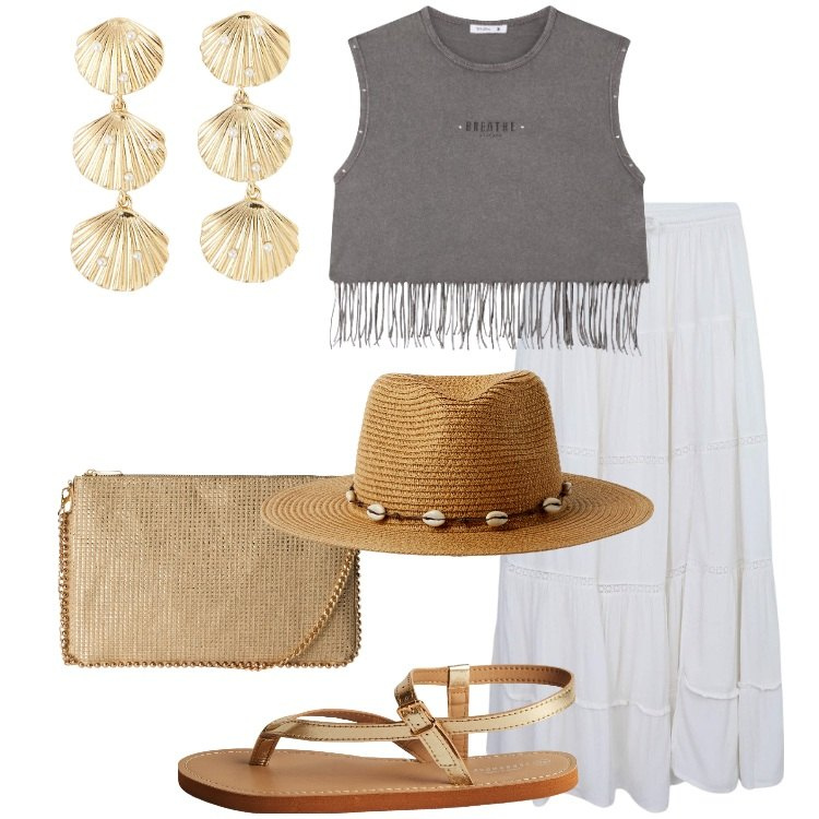 Outfit donna - Terranova New boho. Stile Boho per Tutti i giorni. Abbinamento con top, orecchini, borse a tracolla, gonne lunghe, cappelli, ciabatte.