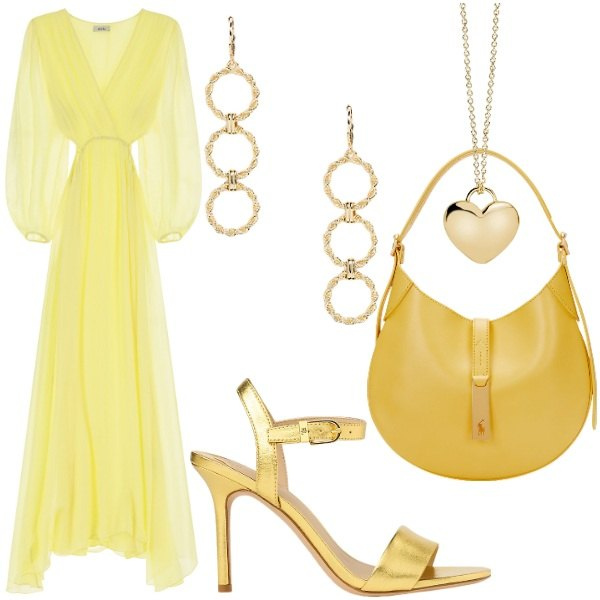 Outfit donna - Giallo Burro incanta la primavera. Stile Glamour per Cerimonia. Abbinamento con collane, vestiti lunghi, sandali in pelle, orecchini, borse a spalla.