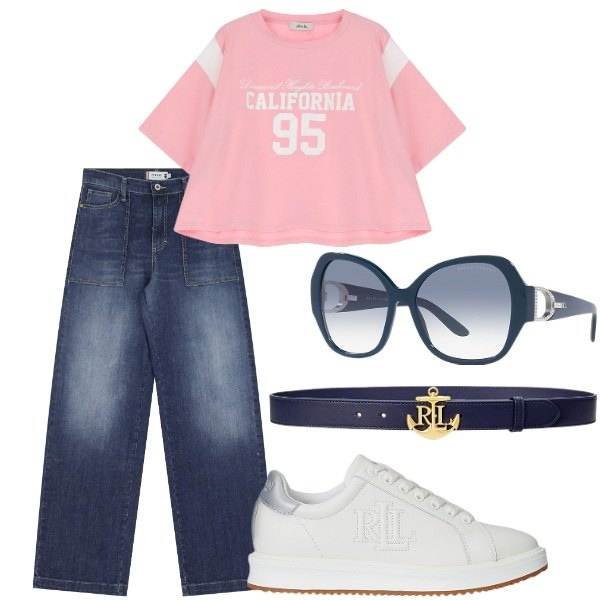 Outfit donna - A spasso per la città. Stile Casual per Tutti i giorni. Abbinamento con jeans, t-shirt, sneakers, occhiali da sole, cinture.