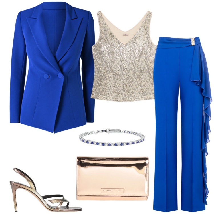Outfit donna - Total look #2120440. Stile Chic per Cerimonia. Abbinamento con sandali in pelle, borse a mano, braccialetti, pantaloni, blazer, top.