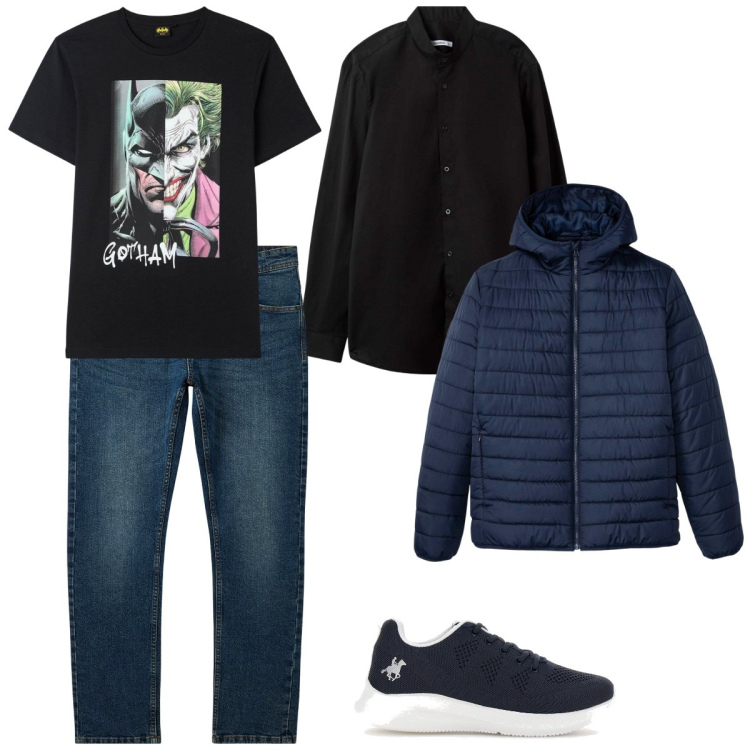 Outfit uomo - Smart layering di mezza stagione. Stile Casual per Tutti i giorni. Abbinamento con giacche, jeans, camicie, t-shirt, sneakers.