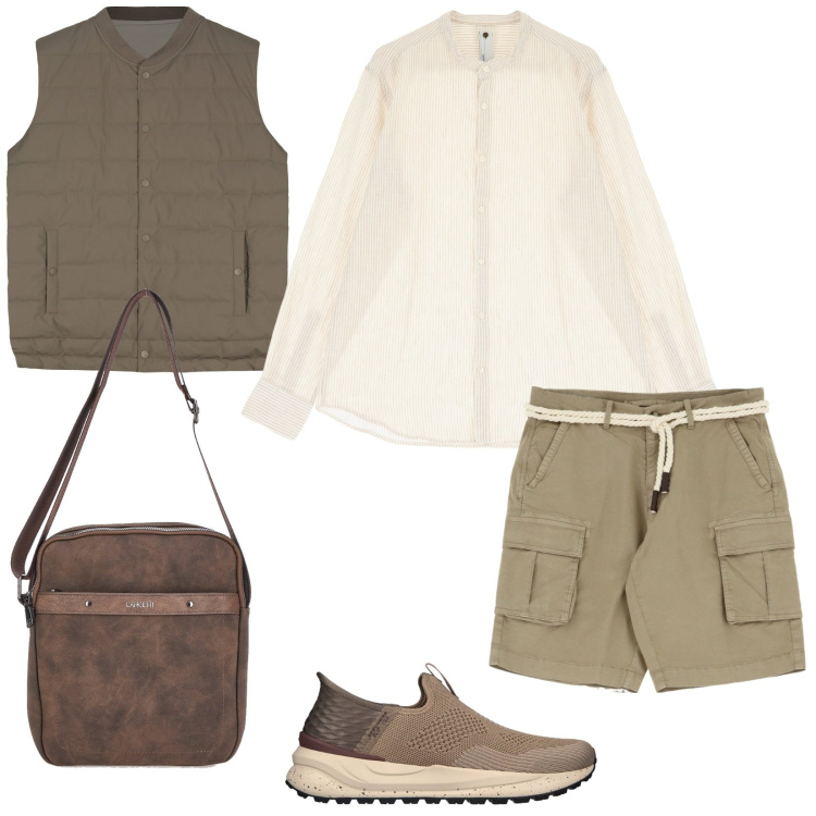 Outfit uomo - Weekend fuori porta. Stile Casual per Tutti i giorni. Abbinamento con camicie, bermuda, portafogli, sneakers, gilet.