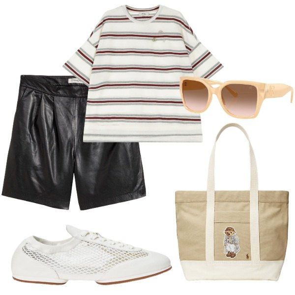 Outfit donna - La bella stagione. Stile Casual per Tutti i giorni. Abbinamento con shorts, t-shirt, occhiali da sole, borse tote, ballerine.