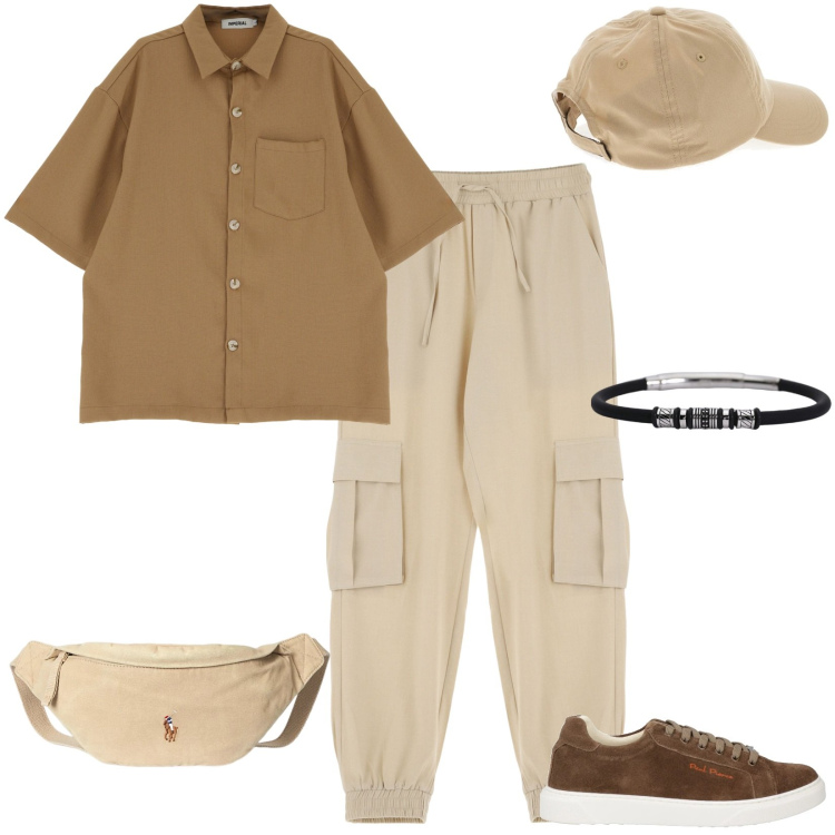 Outfit uomo - Safari urbano. Stile Urban per Tutti i giorni. Abbinamento con sneakers, braccialetti, pantaloni cargo, camicie a manica corta, borse sportive, cappelli.