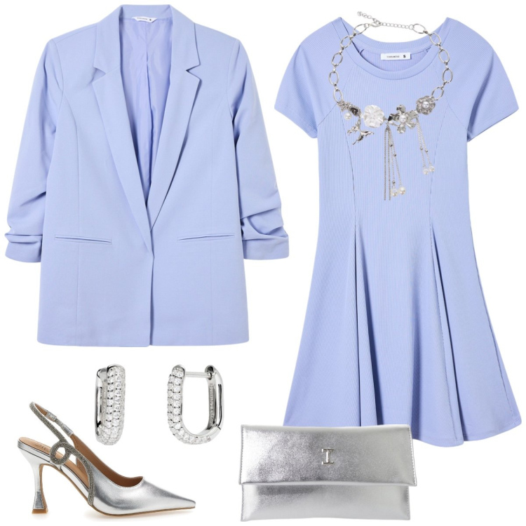 Outfit donna - Total look #2120463. Stile Chic per Cerimonia. Abbinamento con blazer, vestiti corti, orecchini, pochette, collane, décolleté.