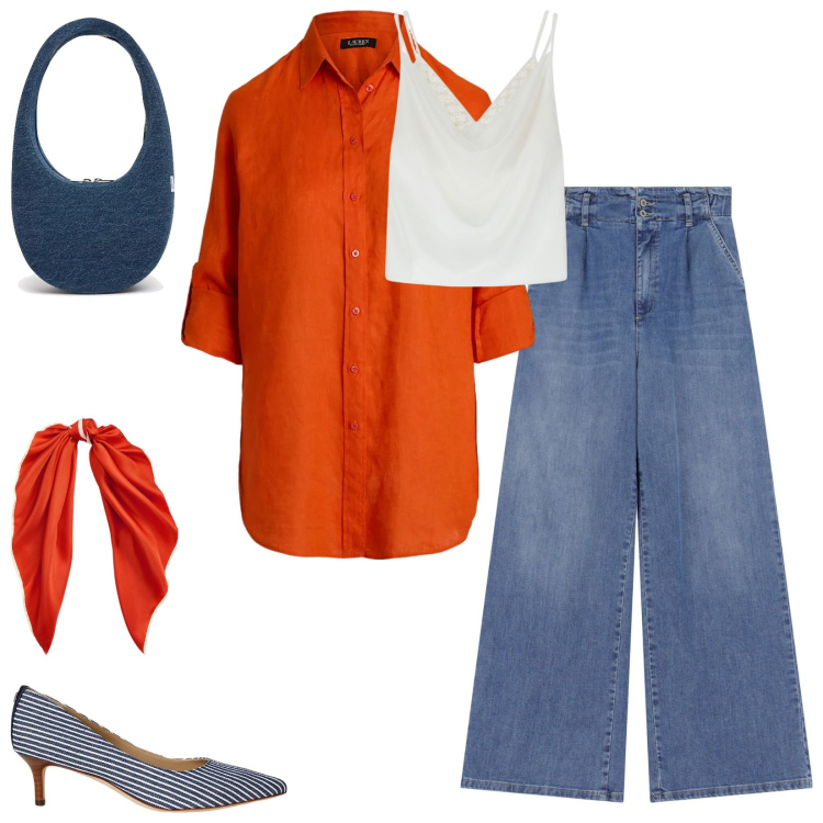 Outfit donna - Gita in barca. Stile Trendy per Tutti i giorni. Abbinamento con jeans, canottiere, décolleté, foulard, camicie, borse a spalla.