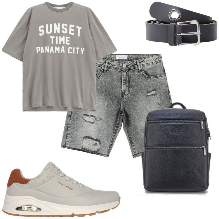 Outfit uomo - Pronto per la partenza. Stile Casual per Tutti i giorni. Abbinamento con shorts, cinture, t-shirt, borse sportive, sneakers.