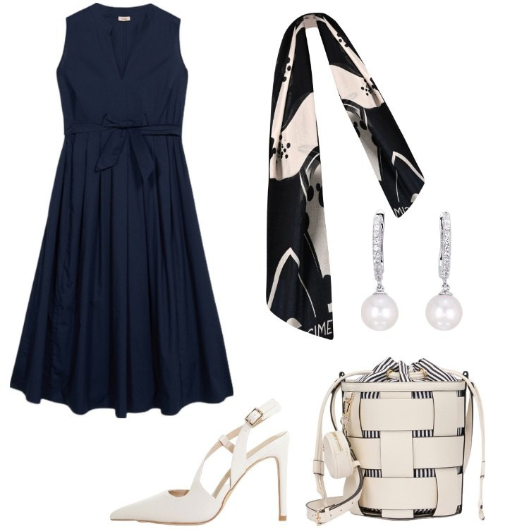 Outfit donna - Abito Blu intenso. Stile Bon Ton per Cerimonia. Abbinamento con décolleté, orecchini, sciarpe, vestiti midi/longuette, borse a secchiello.