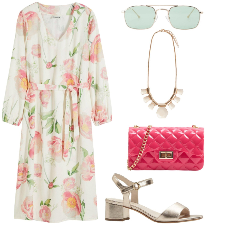 Outfit donna - Cerimonia low cost!. Stile Romantica per Cerimonia. Abbinamento con vestiti midi/longuette, sandali col tacco, borse a tracolla, occhiali da sole, collane.