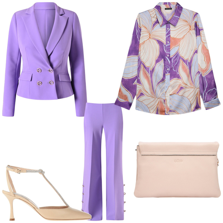 Outfit donna - Viola. Stile Chic per Cerimonia. Abbinamento con décolleté, pantaloni a palazzo, blazer, camicie, borse a tracolla.