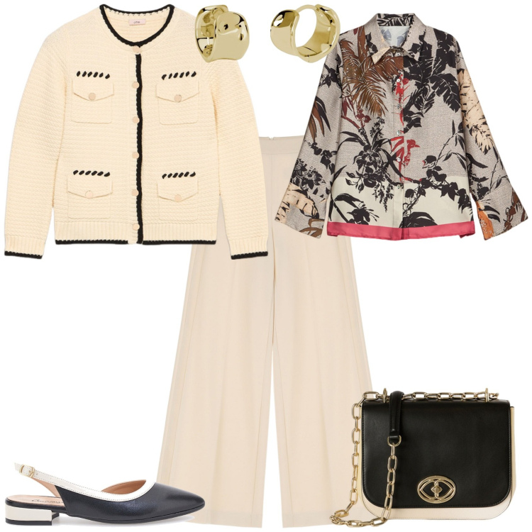 Outfit donna - Total look #2120521. Stile Chic per Ufficio. Abbinamento con orecchini, pantaloni a palazzo, ballerine, camicie, borse a tracolla, cardigans.