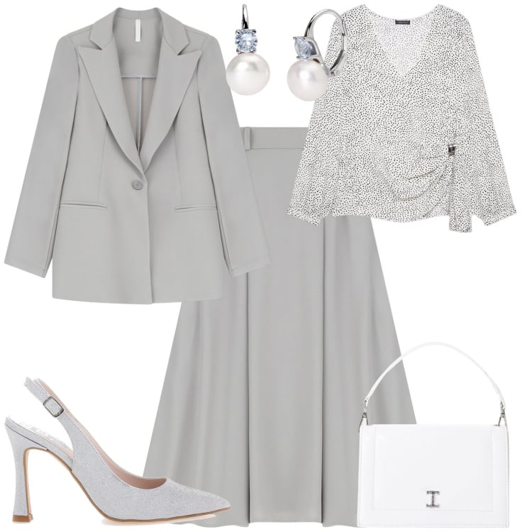 Outfit donna - Cerimonia evento speciale. Stile Chic per Cerimonia. Abbinamento con orecchini, gonne lunghe, borse a tracolla, blazer, bluse, décolleté.