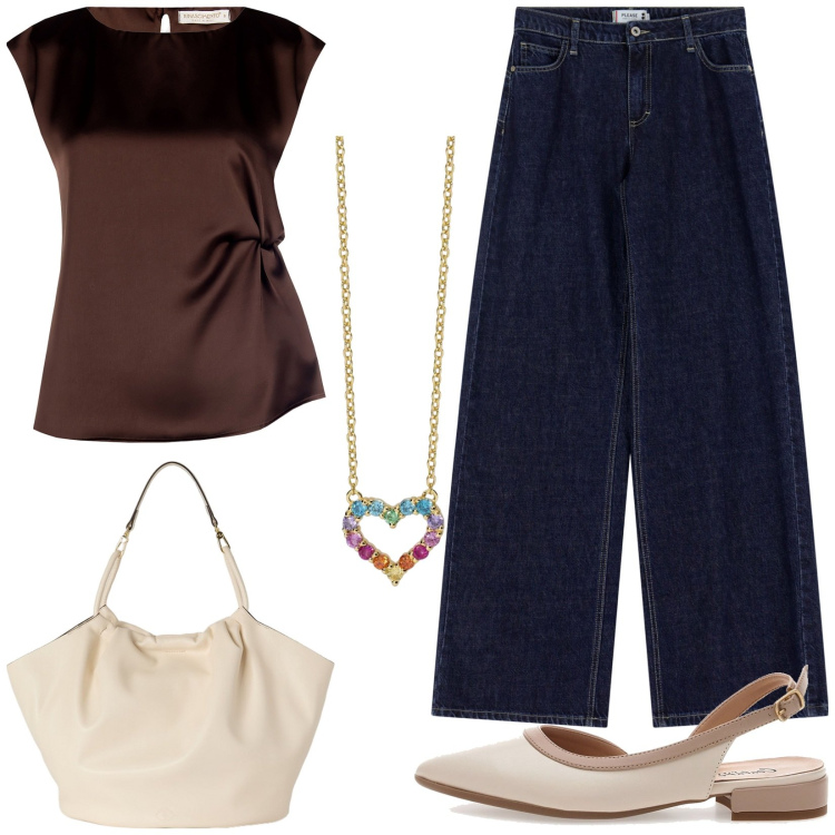 Outfit donna - Casual. Stile Casual chic per Tutti i giorni. Abbinamento con collane, top, jeans a zampa, ballerine, borse a secchiello.