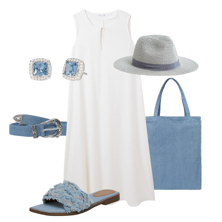 Outfit donna - L’abito fresco in lino bianco. Stile Basic per Tutti i giorni. Abbinamento con vestiti lunghi, borse tote, cinture, cappelli, ciabatte, orecchini.