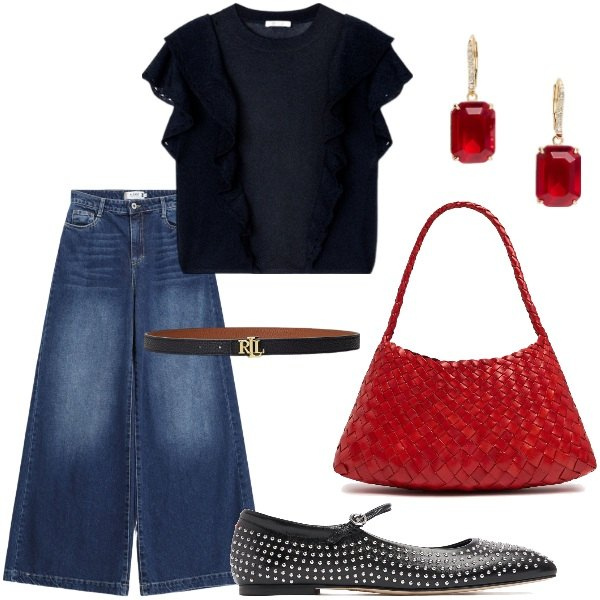 Outfit donna - Un tocco di colore. Stile Casual chic per Serata fuori. Abbinamento con jeans, cinture, orecchini, ballerine, borse a spalla, t-shirt.