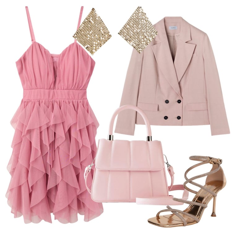 Outfit donna - Diciottesimo. Stile Glamour per Cerimonia. Abbinamento con borse a tracolla, sandali col tacco, vestiti corti, orecchini, blazer.