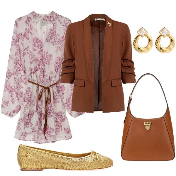 Outfit donna - Serata tra amici. Stile Casual chic per Serata fuori. Abbinamento con blazer, borse a spalla, ballerine, vestiti corti, orecchini.