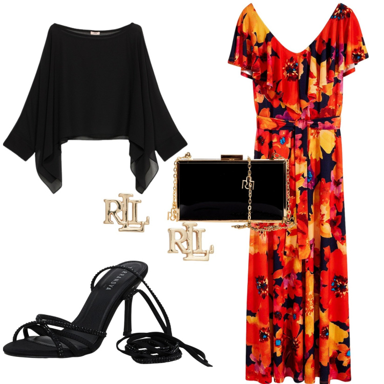 Outfit donna - Cerimonia contest. Stile Glamour per Cerimonia. Abbinamento con vestiti lunghi, sandali alla schiava, pochette, orecchini, bolero.