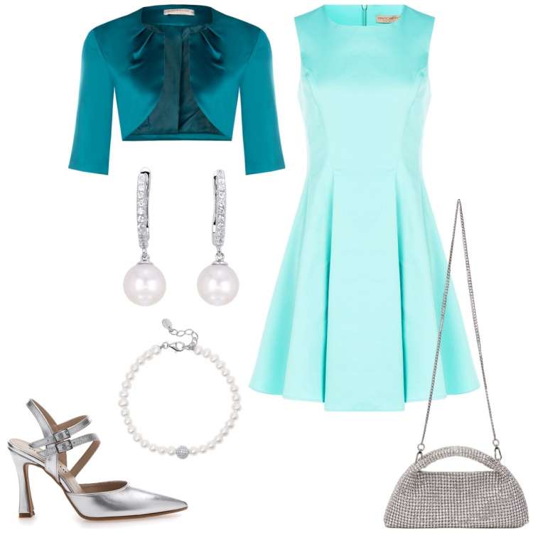 Outfit donna - Total look #2120581. Stile Glamour per Cerimonia. Abbinamento con orecchini, braccialetti, vestiti corti, bolero, décolleté, clutch.