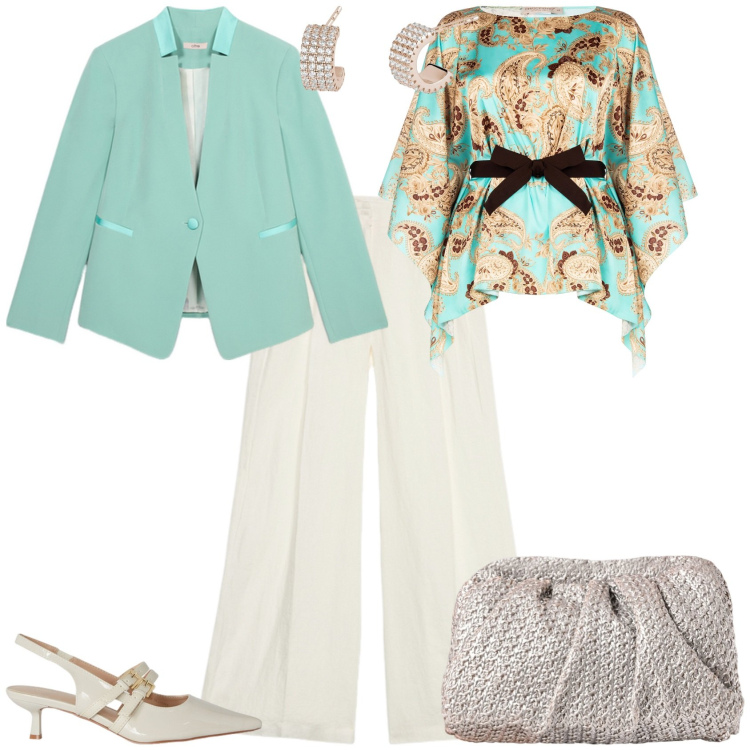 Outfit donna - Cerimonia evento speciale. Stile Bon Ton per Cerimonia. Abbinamento con orecchini, bluse, clutch, décolleté, pantaloni a palazzo, blazer.