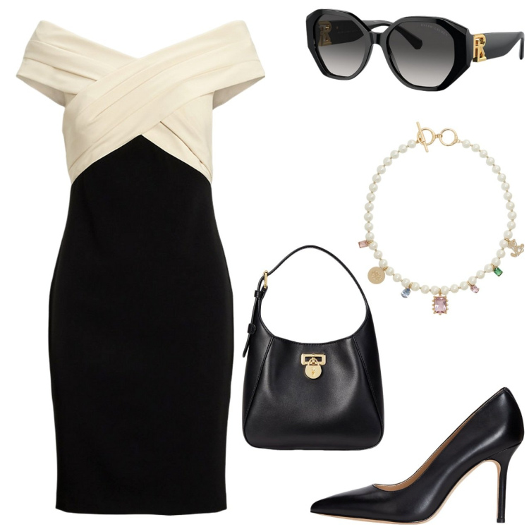 Outfit donna - A colazione da..... Stile Bon Ton per Cerimonia. Abbinamento con occhiali da sole, borse a tracolla, décolleté, vestiti a tubino, ciondoli.
