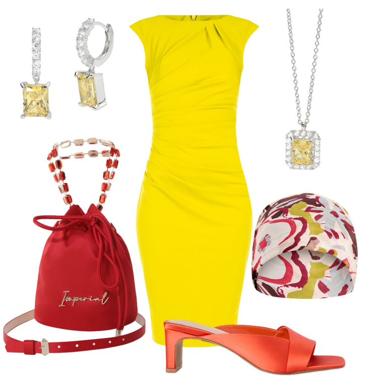 Outfit donna - In giallo. Stile Chic per Serata fuori. Abbinamento con borse a secchiello, orecchini, collane, vestiti a tubino, sciarpe, sabot.