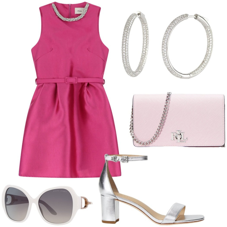 Outfit donna - Cerimonia in rosa a maggio. Stile Glamour per Cerimonia. Abbinamento con orecchini, vestiti corti, occhiali da sole, sandali in pelle, borse a tracolla.