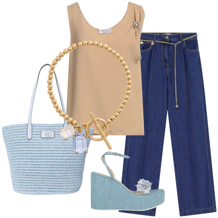 Outfit donna - Total look #2120639. Stile Chic per Tutti i giorni. Abbinamento con sandali in pelle, top, jeans, braccialetti, borse tote.