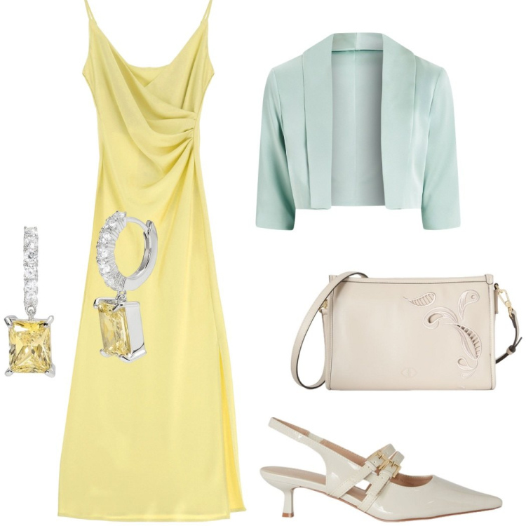 Outfit donna - Abito protagonista. Stile Glamour per Cerimonia. Abbinamento con vestiti midi/longuette, orecchini, bolero, décolleté, borse a tracolla.