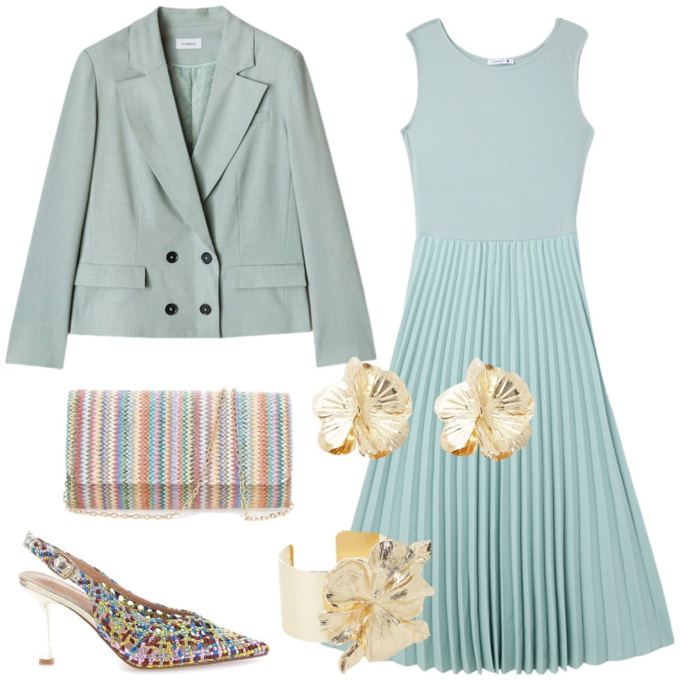 Outfit donna - Total look #2120654. Stile Chic per Cerimonia. Abbinamento con vestiti lunghi, braccialetti, orecchini, décolleté, pochette, blazer.