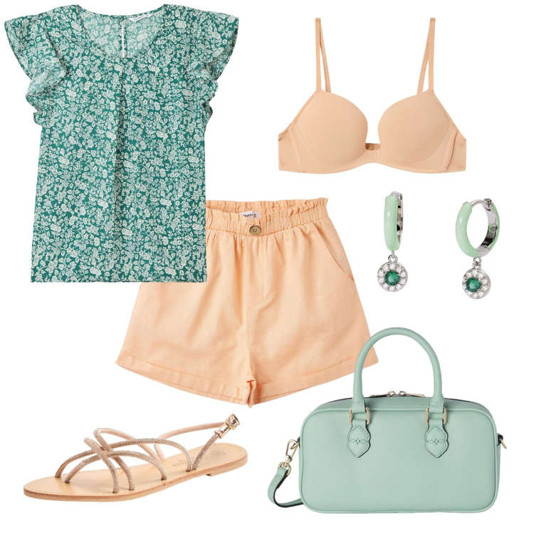 Outfit donna - Fiori di maggio. Stile Casual chic per Tutti i giorni. Abbinamento con pantaloni corti, sandali, bluse, reggiseni push-up, orecchini, borse a mano.