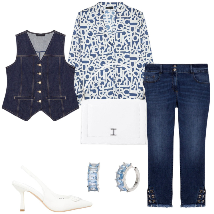 Outfit donna - Total look versatile. Stile Urban per Tutti i giorni. Abbinamento con décolleté, orecchini, borse a tracolla, bluse, jeans skinny, gilet.