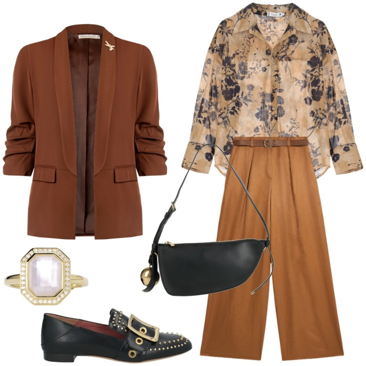 Outfit donna - Bella ed elegante. Stile Chic per Cerimonia. Abbinamento con mocassini, borse a mano, anelli, blazer, camicie, pantaloni a palazzo.