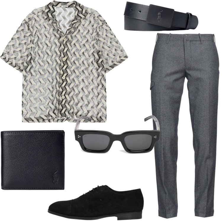 Outfit uomo - Trasparenze per la camicia leggera. Stile Trendy per Serata speciale. Abbinamento con pantaloni, scarpe stringate, camicie a manica corta, portafogli, cinture, occhiali da sole.